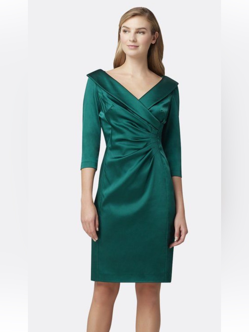 Tahari Arthur Levine Satin Emerald Midi Dress with V-Neck and Side Ruching